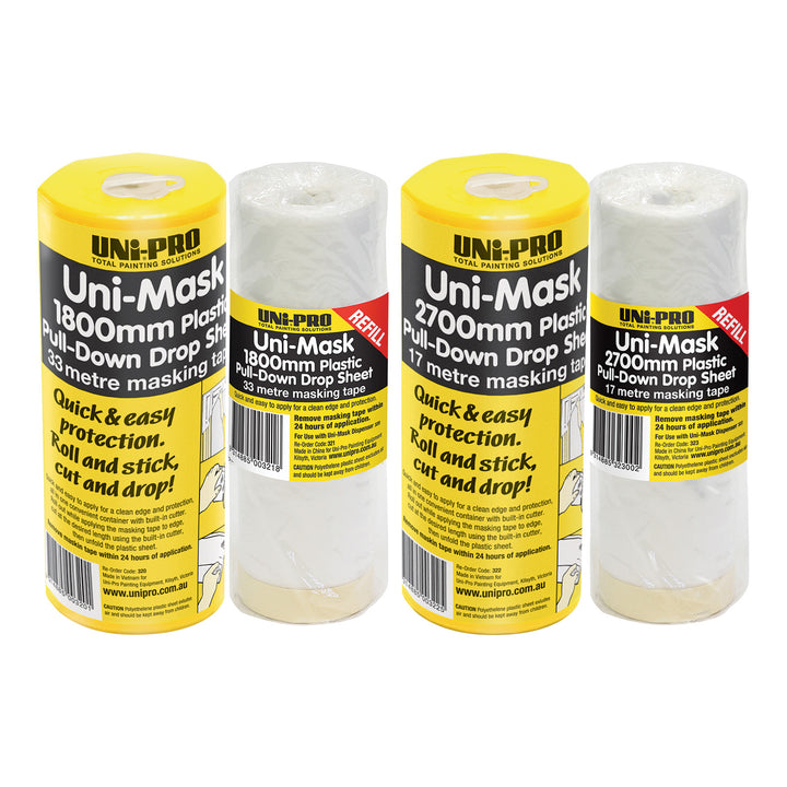 UNi-PRO Uni-Mask Masking Tape and Pull-Down Plastic Drop Sheet & Refill Range